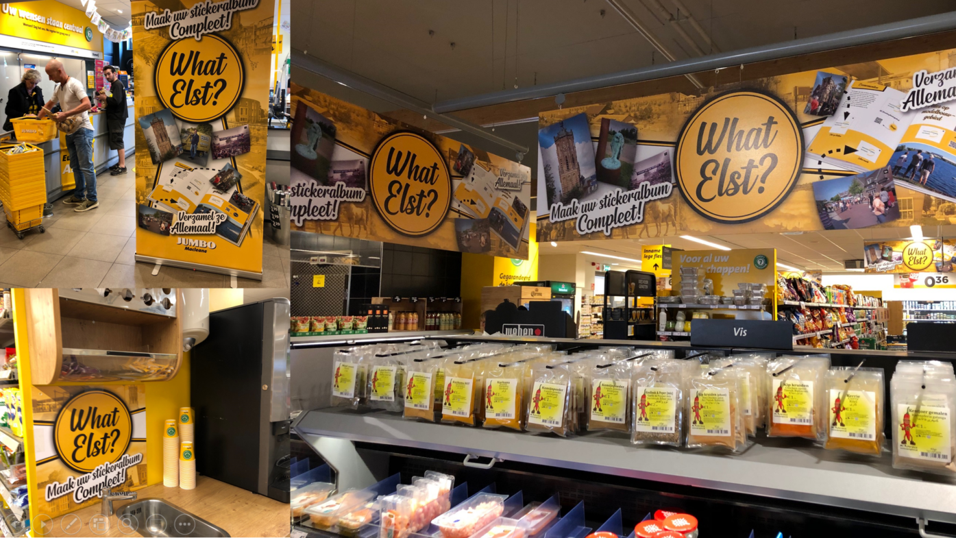 - 3 foto’s waar verschillende POS-uitingen op staan. In de vorm van een roll-up banner, gangborden en stickers.